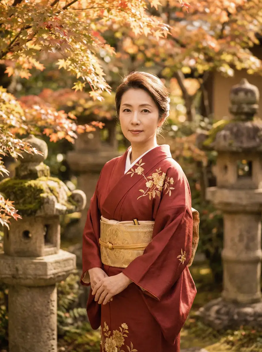 一位身穿暗红色和服的优雅 森日向子 在日式庭院中